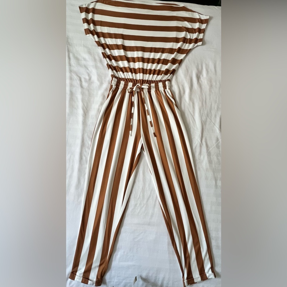 Striped Brown and White Jumpsuit - Picture 3 of 5